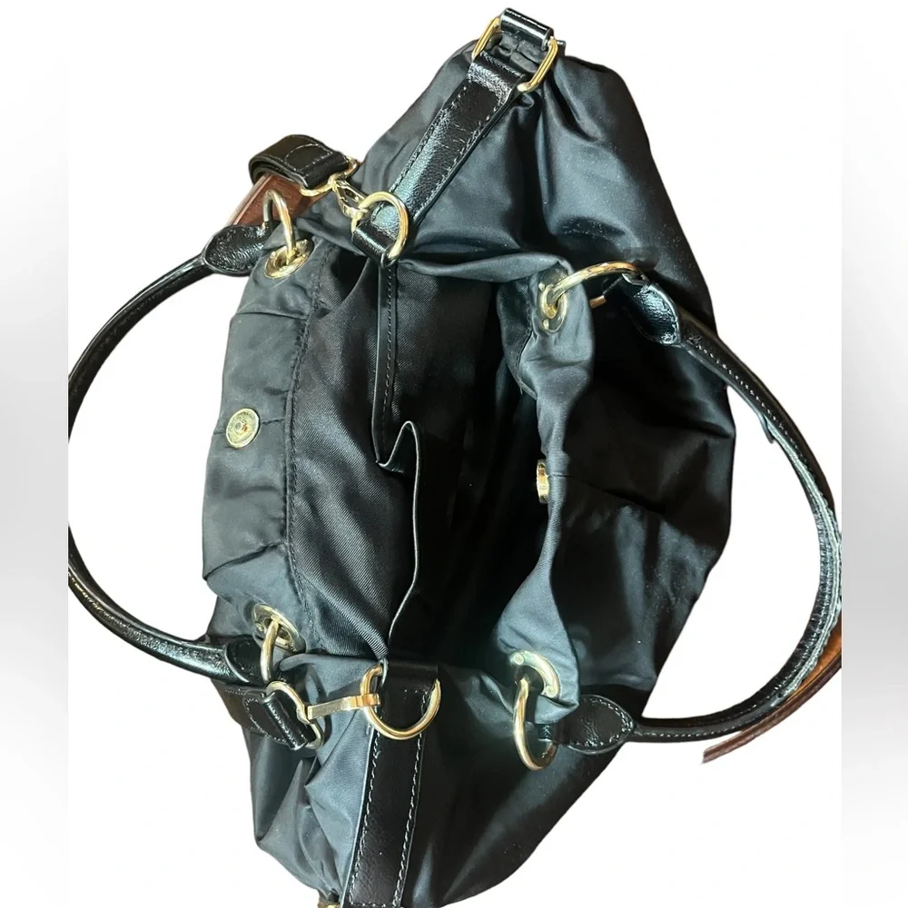 VINCENT CAMUTO BLACK NYLON PURSE WITH GOLD HARDWARE & SHOULDER STRAP